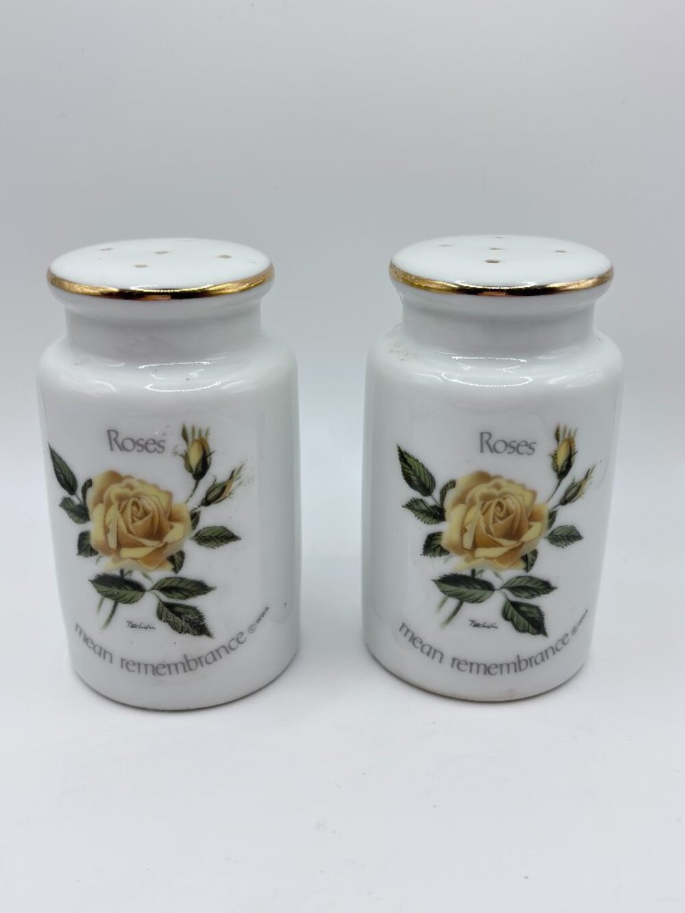 VTG Porcelain Salt and Pepper Floral Sentiments yellow rose & gold Remembrance